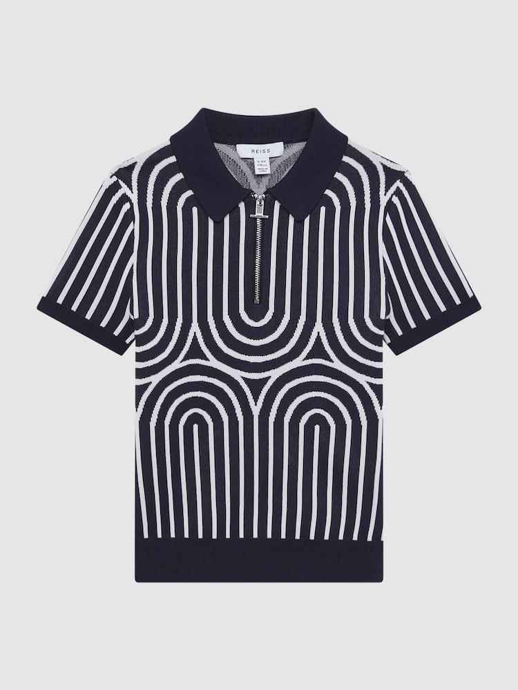 Reiss Navy/White Maycross Half-Zip Striped Polo T-Shirt - Image 2 of 6 Reiss Navy/White Maycross Half-Zip Striped Polo T-Shirt - Image 2 of 6