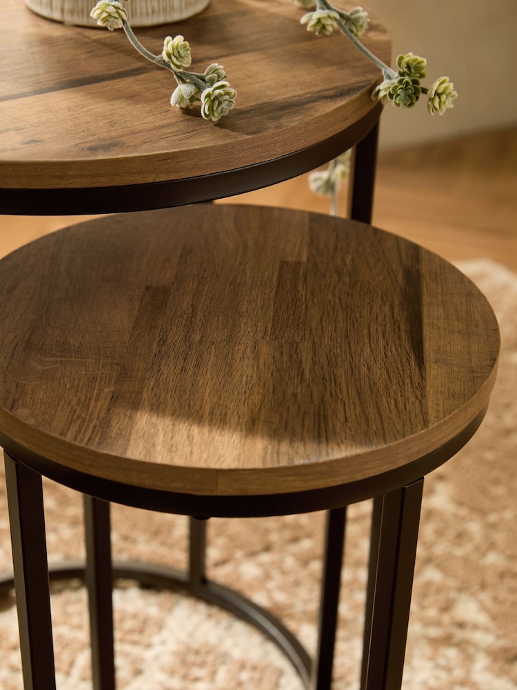 Dark Bronx Oak Effect Round Set of 2 Nest of Tables - Image 2 of 4