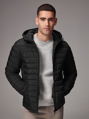 Black Shower Resistant Lightweight Hooded Puffer Coat Jacket - Image 1 of 14