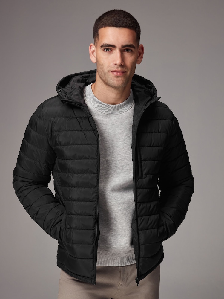 Black Shower Resistant Lightweight Hooded Puffer Coat Jacket - Image 1 of 14