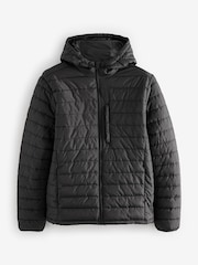 Black Shower Resistant Lightweight Hooded Puffer Coat Jacket - Image 11 of 14