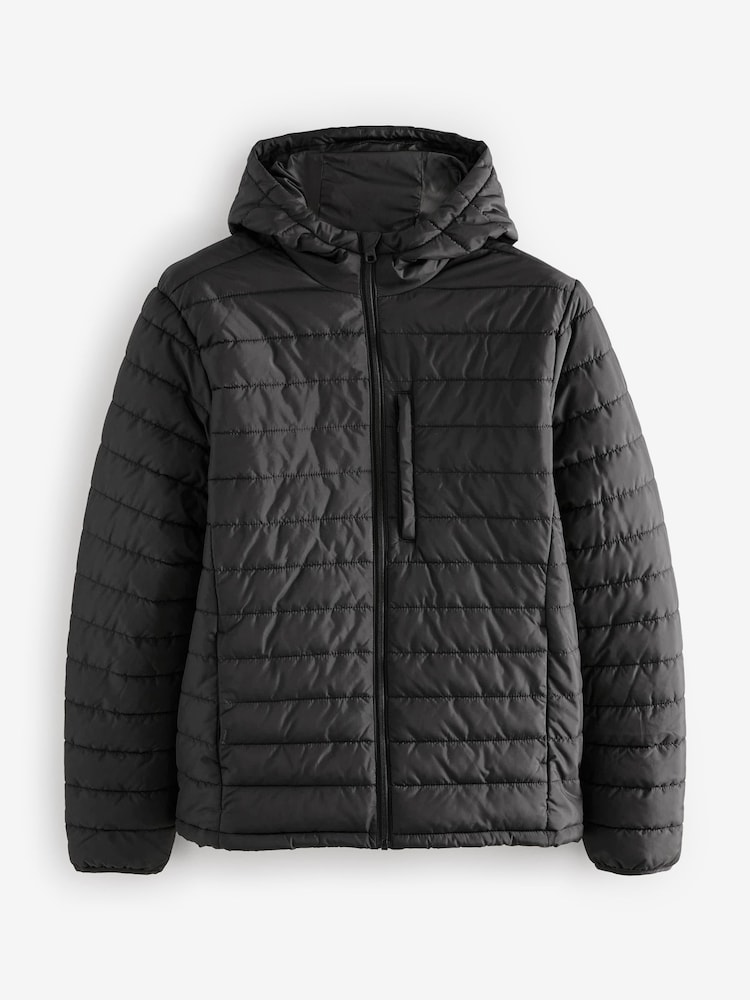 Black Shower Resistant Lightweight Hooded Puffer Coat Jacket - Image 11 of 14
