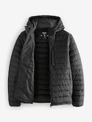 Black Shower Resistant Lightweight Hooded Puffer Coat Jacket - Image 12 of 14