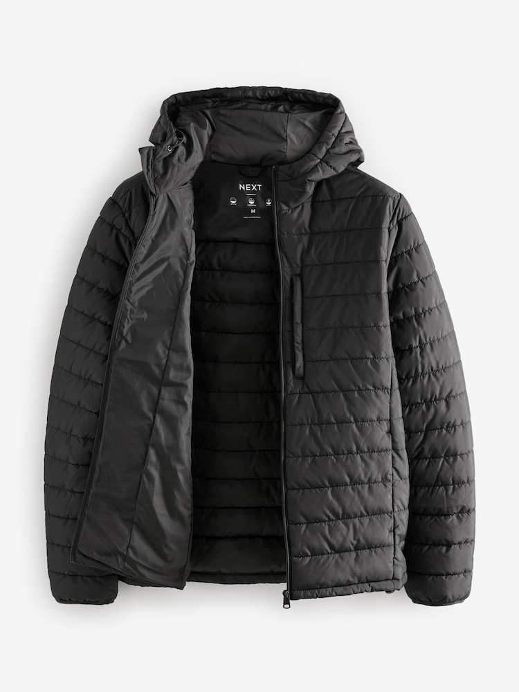 Black Shower Resistant Lightweight Hooded Puffer Coat Jacket - Image 12 of 14