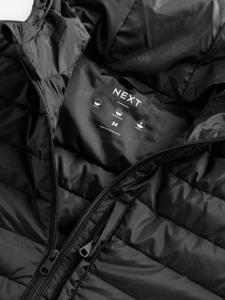 Black Shower Resistant Lightweight Hooded Puffer Coat Jacket - Image 14 of 14