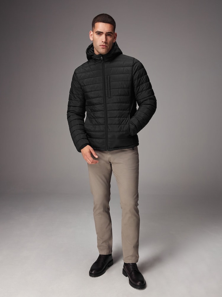 Black Shower Resistant Lightweight Hooded Puffer Coat Jacket - Image 2 of 14