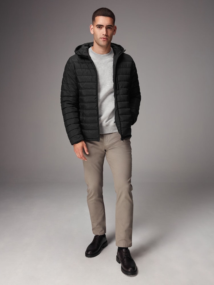 Black Shower Resistant Lightweight Hooded Puffer Coat Jacket - Image 3 of 14