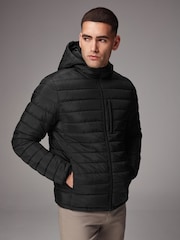 Black Shower Resistant Lightweight Hooded Puffer Coat Jacket - Image 5 of 14