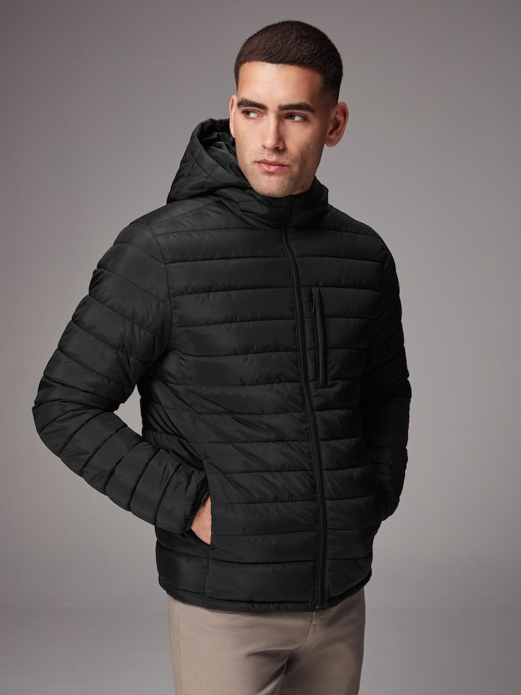 Black Shower Resistant Lightweight Hooded Puffer Coat Jacket - Image 5 of 14