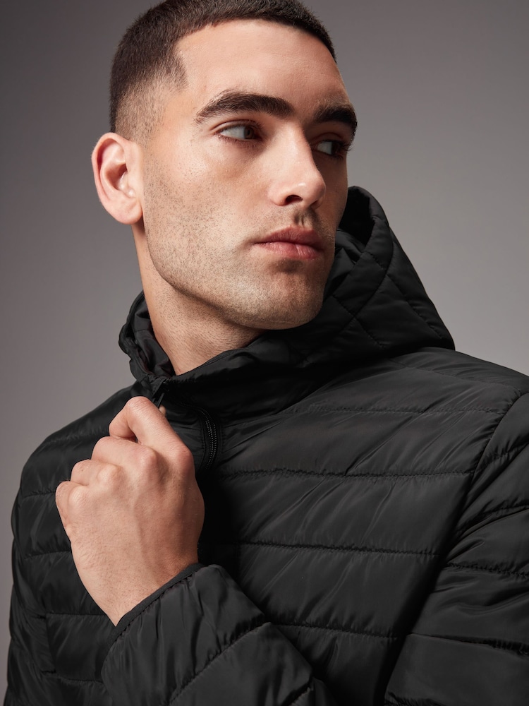 Black Shower Resistant Lightweight Hooded Puffer Coat Jacket - Image 7 of 14