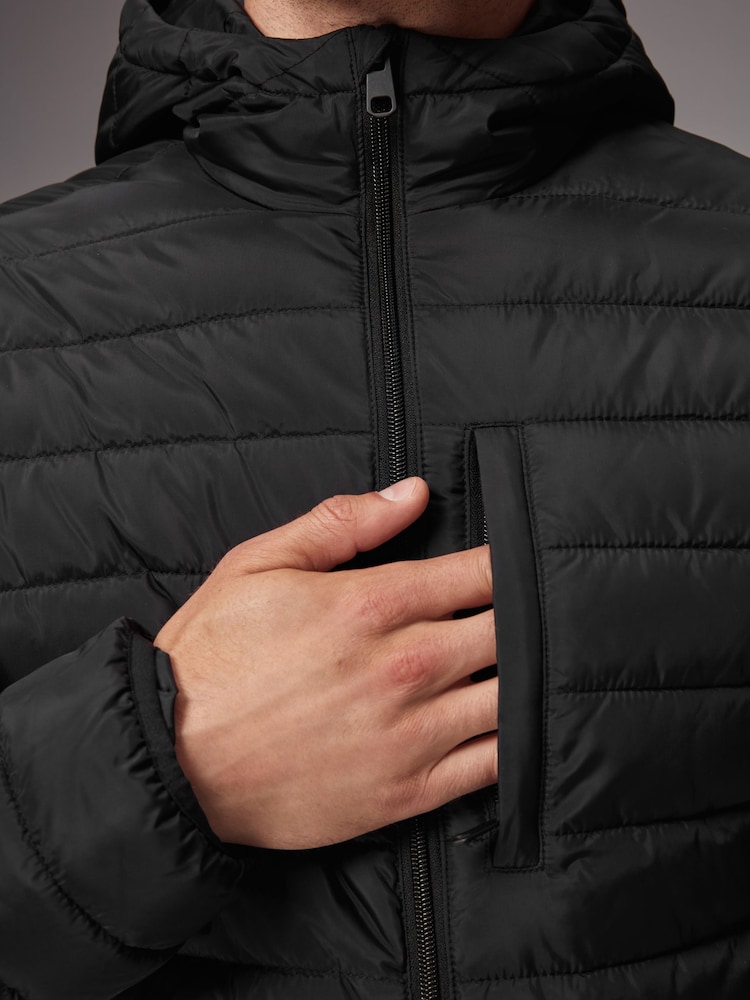 Black Shower Resistant Lightweight Hooded Puffer Coat Jacket - Image 8 of 14