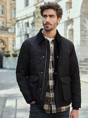 Black Shower Resistant Diamond Quilt Corduroy Collared Jacket - Image 1 of 11