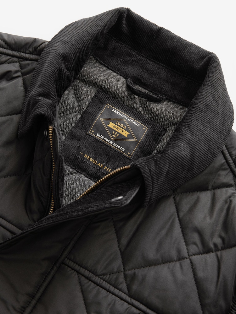 Black Shower Resistant Diamond Quilt Corduroy Collared Jacket - Image 10 of 11
