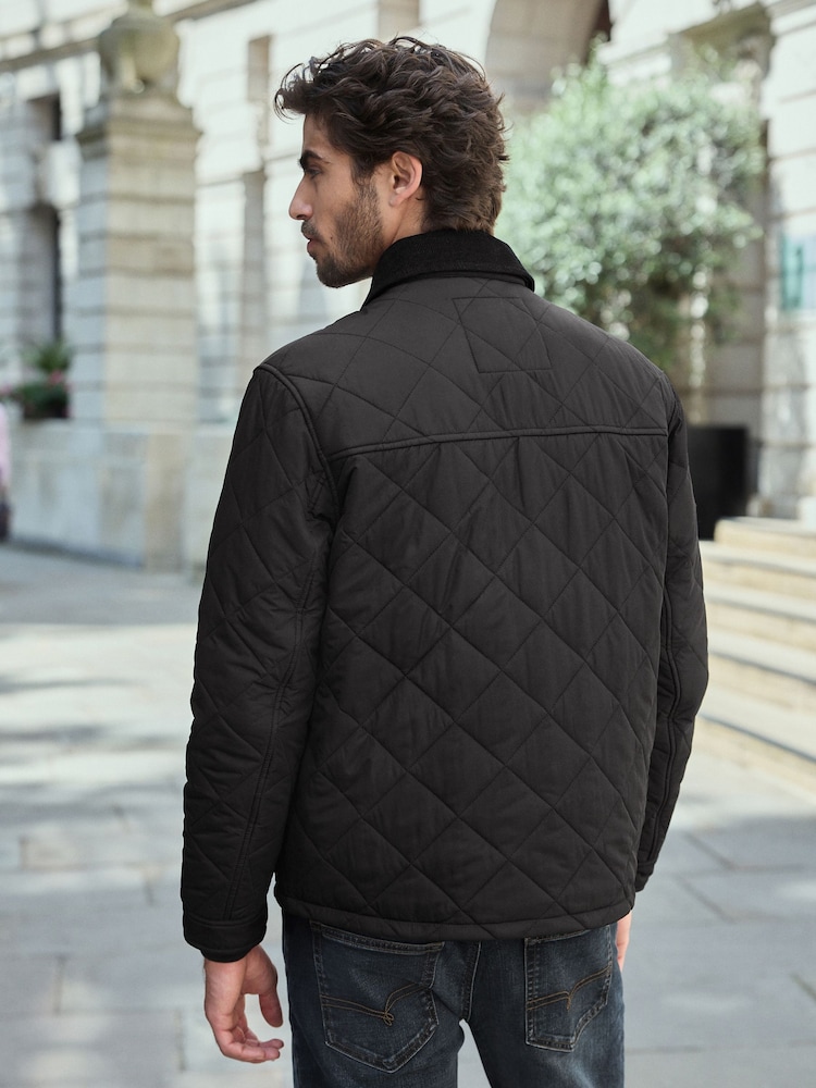 Black Shower Resistant Diamond Quilt Corduroy Collared Jacket - Image 3 of 11