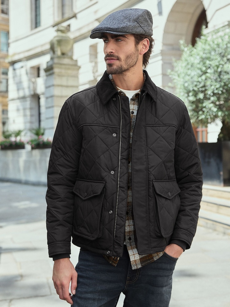 Black Shower Resistant Diamond Quilt Corduroy Collared Jacket - Image 4 of 11