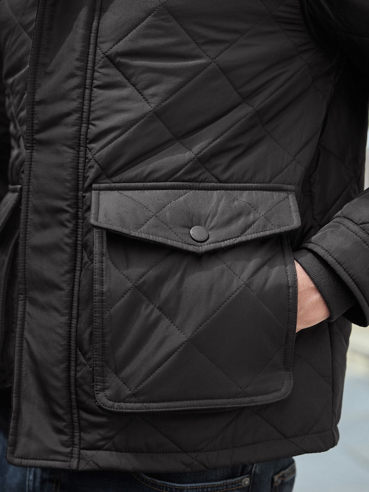 Black Shower Resistant Diamond Quilt Corduroy Collared Jacket - Image 6 of 11