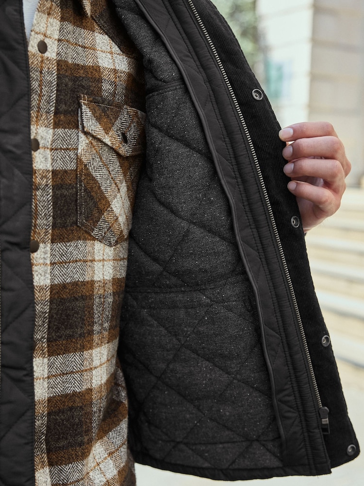 Black Shower Resistant Diamond Quilt Corduroy Collared Jacket - Image 7 of 11