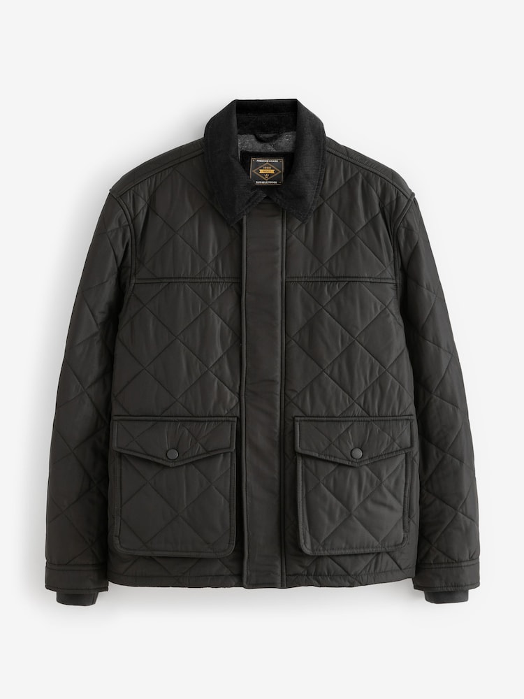 Black Shower Resistant Diamond Quilt Corduroy Collared Jacket - Image 8 of 11