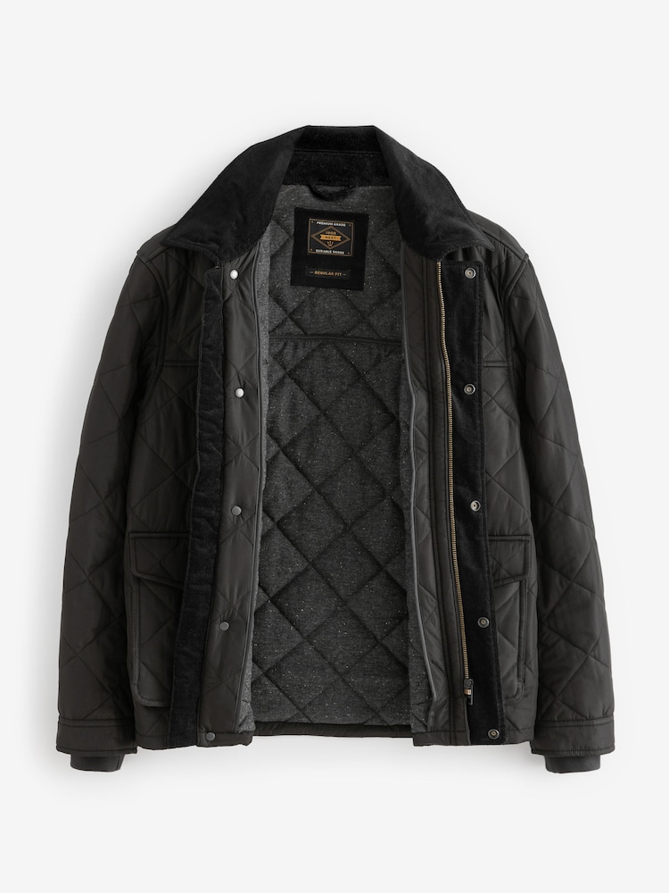 Black Shower Resistant Diamond Quilt Corduroy Collared Jacket - Image 9 of 11