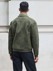 Green Faux Suede Borg Lined Zip Up Funnel Jacket - Image 2 of 9