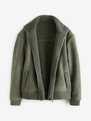 Green Faux Suede Borg Lined Zip Up Funnel Jacket - Image 5 of 9