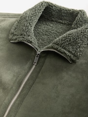 Green Faux Suede Borg Lined Zip Up Funnel Jacket - Image 6 of 9