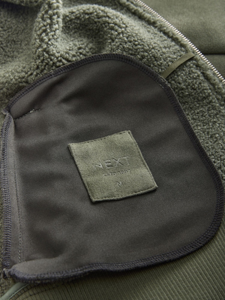 Green Faux Suede Borg Lined Zip Up Funnel Jacket - Image 8 of 8