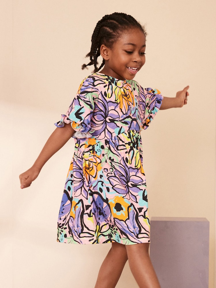 Purple Tropical potisk; vzorec - kratek rokav; s kratkimi rokavi 100% Cotton Jersey obleka (3-16yrs) - Slika 1 iz 6