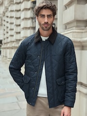 Navy Blue Shower Resistant Diamond Quilt Corduroy Collared Jacket - Image 1 of 11