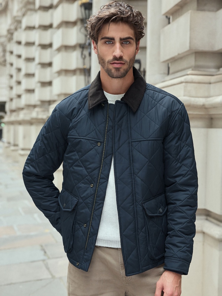 Navy Blue Shower Resistant Diamond Quilt Corduroy Collared Jacket - Image 1 of 11
