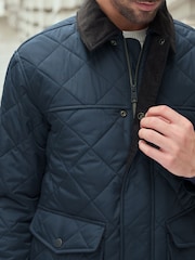 Navy Blue Shower Resistant Diamond Quilt Corduroy Collared Jacket - Image 5 of 11