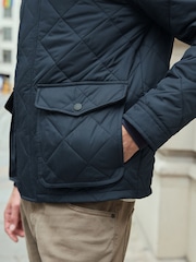 Navy Blue Shower Resistant Diamond Quilt Corduroy Collared Jacket - Image 7 of 11