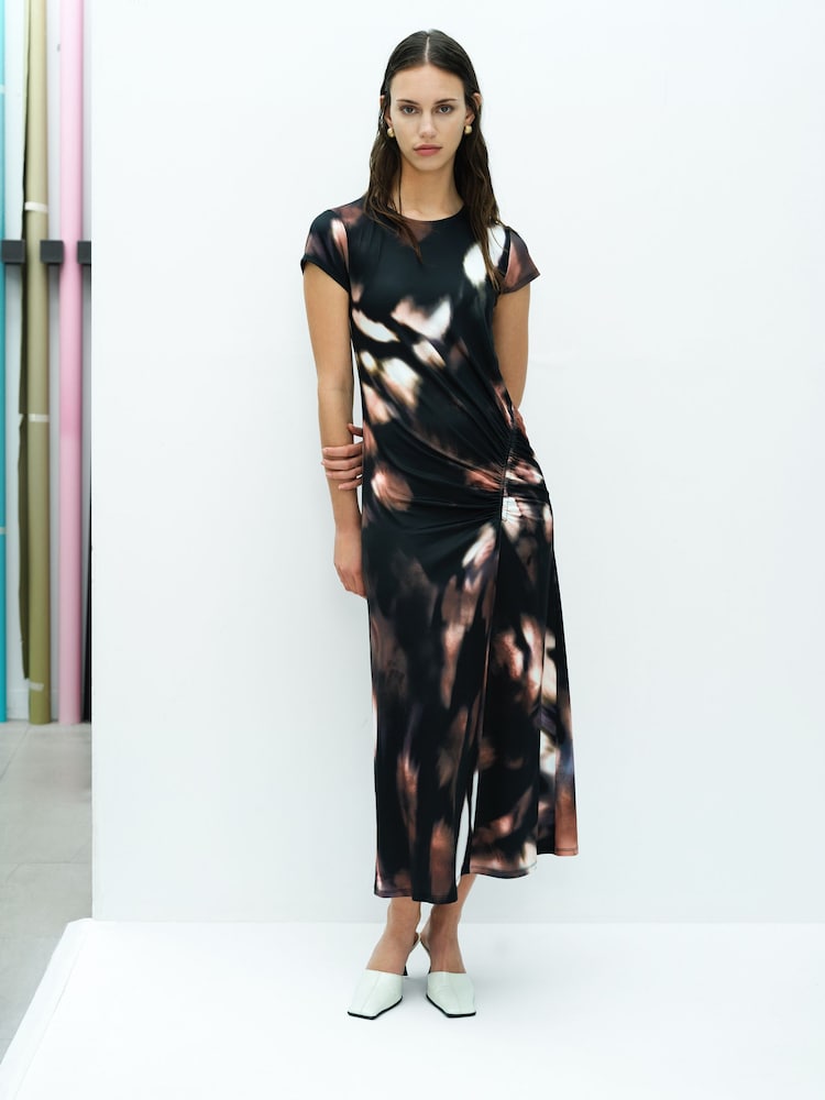 French Connection Brown Josephine Maxine Jersey Ruched Midi Dress - Image 1 of 7