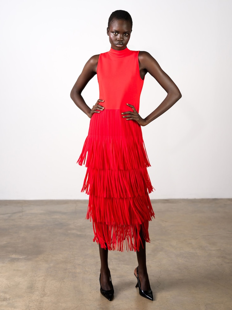 French Connection Red Hilde Jersey Mix Fringe Dress - Image 1 of 9 French Connection Red Hilde Jersey Mix Fringe Dress - Image 1 of 9