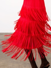 French Connection Red Hilde Jersey Mix Fringe Dress - Image 2 of 9