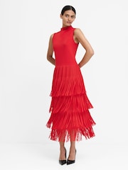 French Connection Red Hilde Jersey Mix Fringe Dress - Image 3 of 9