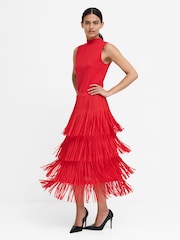 French Connection Red Hilde Jersey Mix Fringe Dress - Image 4 of 9