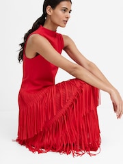 French Connection Red Hilde Jersey Mix Fringe Dress - Image 6 of 9