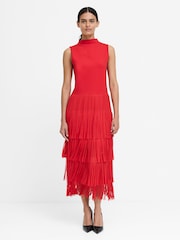 French Connection Red Hilde Jersey Mix Fringe Dress - Image 7 of 9