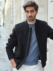 Black Faux Suede Bomber Jacket - Image 1 of 12