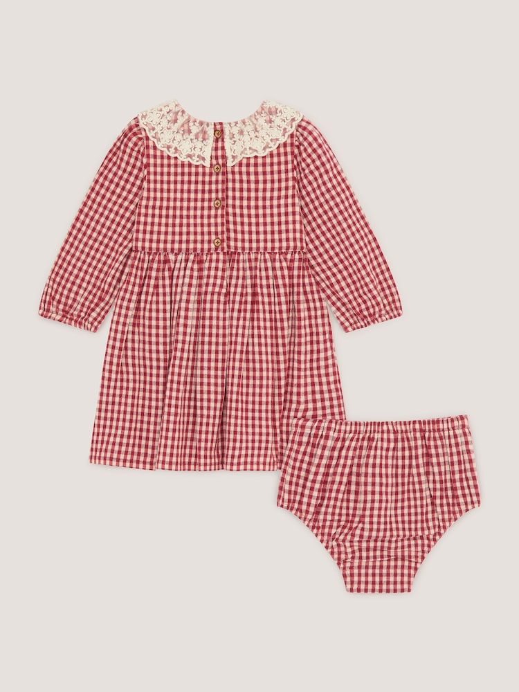 Monsoon Red Baby Embroidered Gingham Dress & Knickers Set - Image 2 of 3