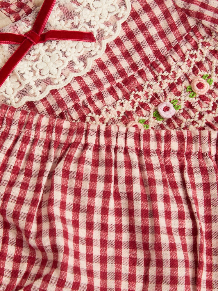 Monsoon Red Baby Embroidered Gingham Dress & Knickers Set - Image 3 of 3