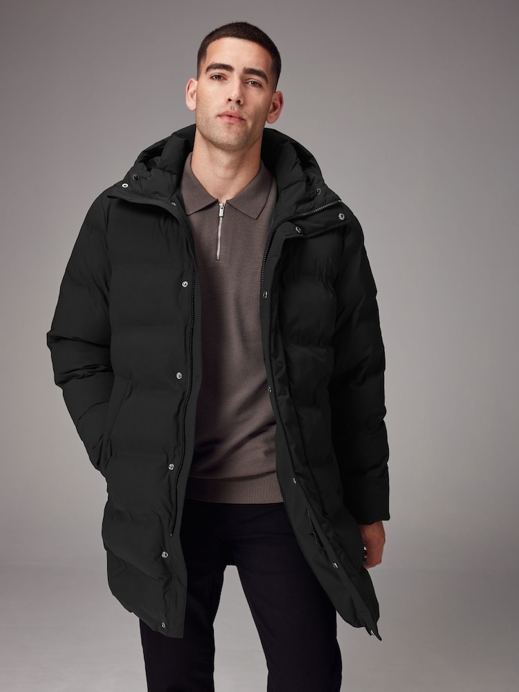 Black Long Length Shower Resistant Hooded Puffer Coat - Image 1 of 16