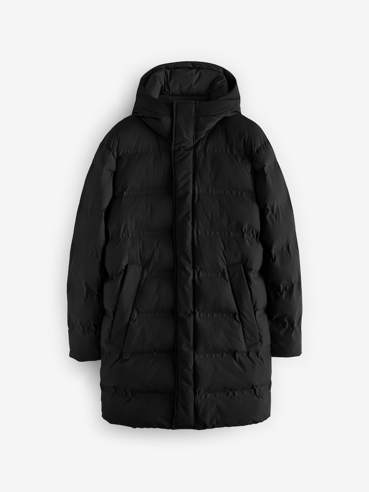 Noir - Long - Résistant à la douche À capuche Puffer Coat - Image 13 of 16