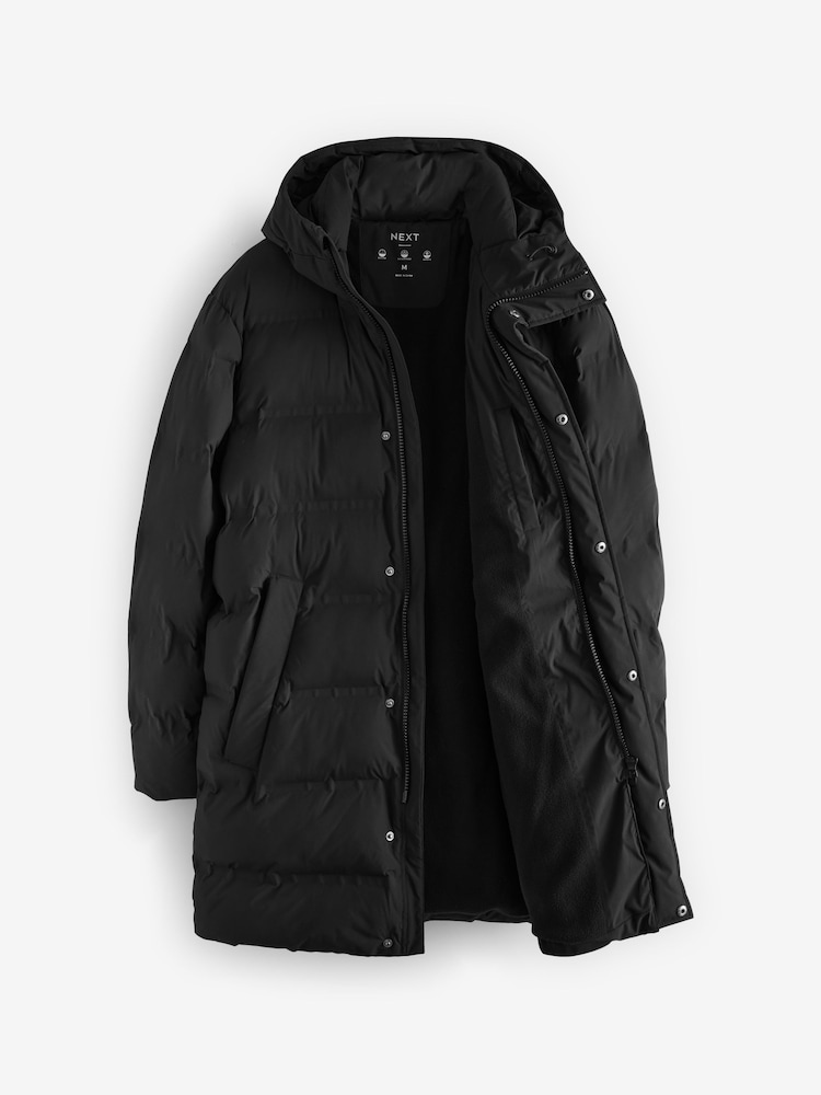 Noir - Long - Résistant à la douche À capuche Puffer Coat - Image 14 of 16