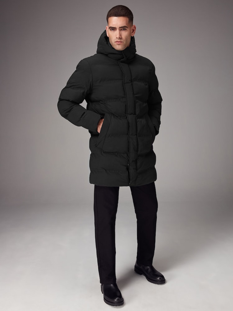 Noir - Long - Résistant à la douche À capuche Puffer Coat - Image 6 of 16