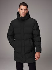 Black Long Length Shower Resistant Hooded Puffer Coat - Image 7 of 16