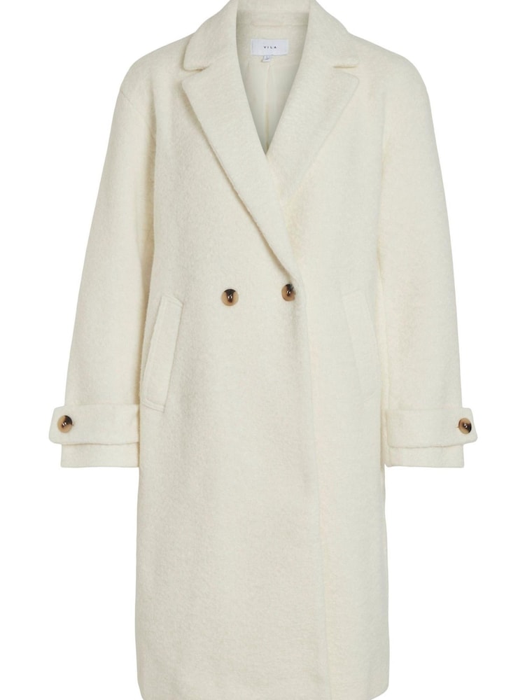 VILA White Longline Double Breasted Smart Boucle Coat - Image 9 of 9