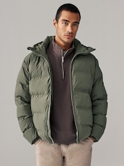 Khaki Green Regular Length Shower Resistant Hooded Puffer Coat - Image 1 of 13