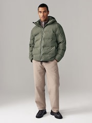 Khaki Green Regular Length Shower Resistant Hooded Puffer Coat - Image 3 of 13